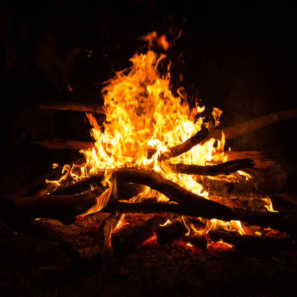 Hot campfire place full of crackling fire wood.