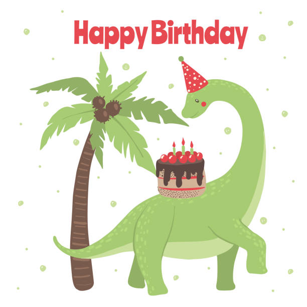 Cute cartoon happy birthday card with dinosaur. Cute cartoon happy birthday card with dinosaur and cake. Little dino for t-shirt, kids apparel, poster, nursery or etc. Vector illustration. dinosaur birthday stock illustrations