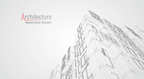 ilustraciones, imágenes clip art, dibujos animados e iconos de stock de estructura alámbrica de arquitectura moderna. concepto de wireframe urbano. ilustración de construcción de estructura alámbrica de dibujo cad de arquitectura. - archiitecture and buildings