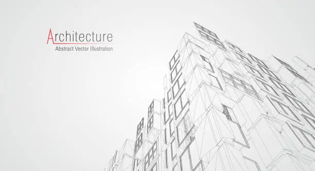Vector illustration of Modern architecture wireframe. Concept of urban wireframe. Wireframe building illustration of architecture CAD drawing.