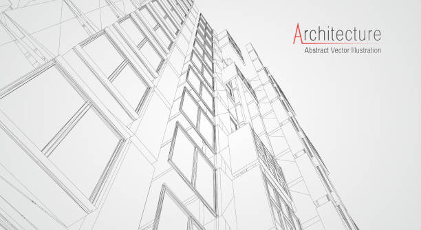 moderne architektur wireframe. konzept des städtischen drahtziehers. drahtgestell gebäude illustration der architektur cad-zeichnung. - web page wire frame internet sketch stock-grafiken, -clipart, -cartoons und -symbole