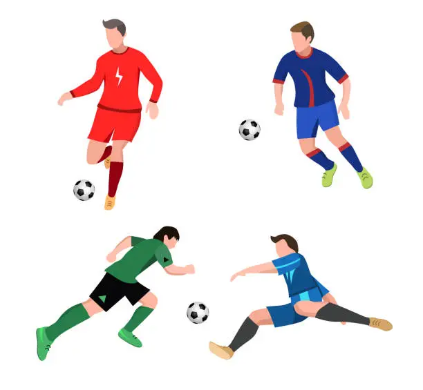 Vector illustration of Set of soccer Players in top form with the ball. Football players isolated on white background.