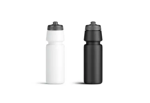 Blank black and white plastic sport bottle mock up, front view, isolated, 3d rendering. Clear reusable container with grey cap. Clean fitness flask in gym. Empty cycling botle for travel template.