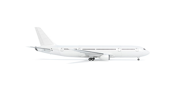 Blank white airplane mockup stand, profile view, 3d rendering. Clear fuselage with portholes in airliner mock up sideview. Empty boeing model chassis opened. Clean air bus with tail and wings.