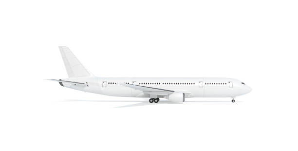 Blank white airplane mock up stand, profile, isolated Blank white airplane mockup stand, profile view, 3d rendering. Clear fuselage with portholes in airliner mock up sideview. Empty boeing model chassis opened. Clean air bus with tail and wings. aeroplane isolated stock pictures, royalty-free photos & images