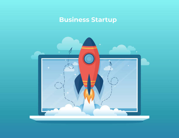 비즈니스 프로젝트 시작, 재정 계획, 아이디어, 전략 관리, 실현, 성공 노트북 화면에서 로켓 발사. 벡터 - 속도 일러스트 stock illustrations