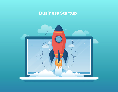 Business project startup, financial planning, idea, strategy, management, realization, success. Rocket launch from laptop screen. Vector