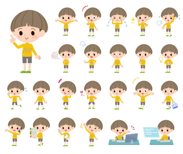 illustrazioni stock, clip art, cartoni animati e icone di tendenza di abbigliamento giallo boy_emotion - titling