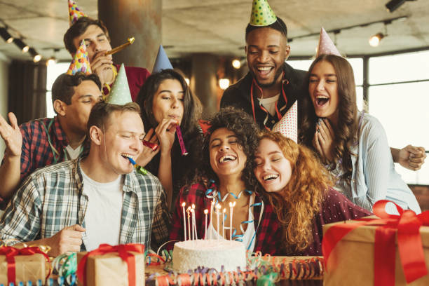 Happy birthday to you concept Happy friends at birthday party. Happy birthday to you concept male likeness photos stock pictures, royalty-free photos & images