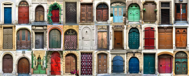 istock Collage of 36 colourful front doors 1154066622