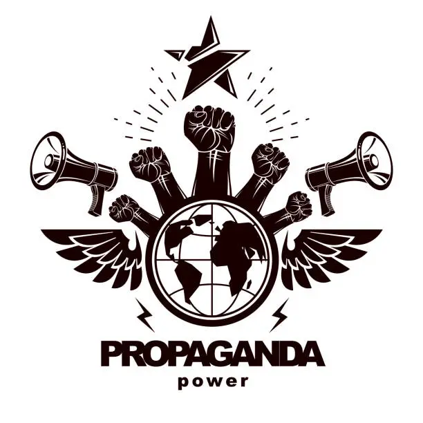 Vector illustration of Marketing banner composed with loudspeakers, raised clenched fists and Earth planet, vector illustration. Propaganda as the means of influence on global public opinion.