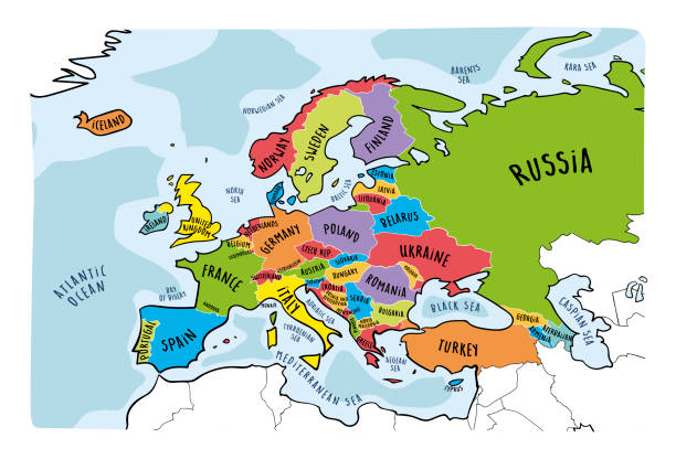 ilustrações de stock, clip art, desenhos animados e ícones de colorful hand drawn vector map of europe with countries names. doodle style - portugal spain