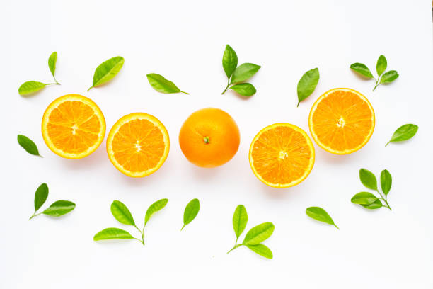 istock High vitamin C. Fresh orange citrus fruit with leaves isolated on white. 1154070377