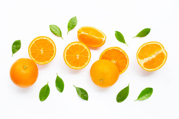 istock Fresh orange citrus fruit with leaves isolated on white background. 1154070432