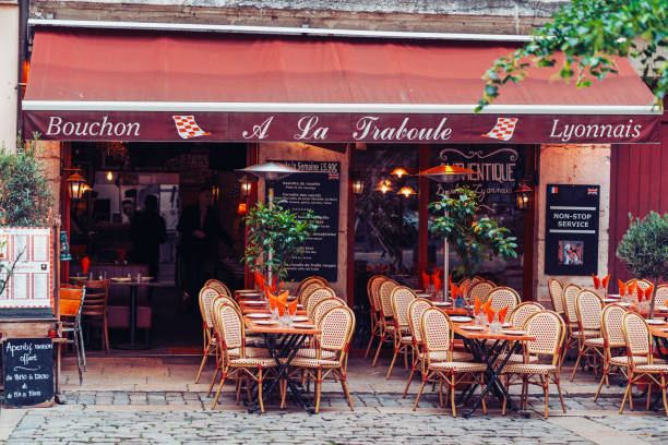 Lyon, France - May 9, 2019: Street and cafe scene in Old Lyon, France stock photo