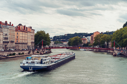 Lyon, France - May 10, 2019. A boat on the river Saone in Lyon, France