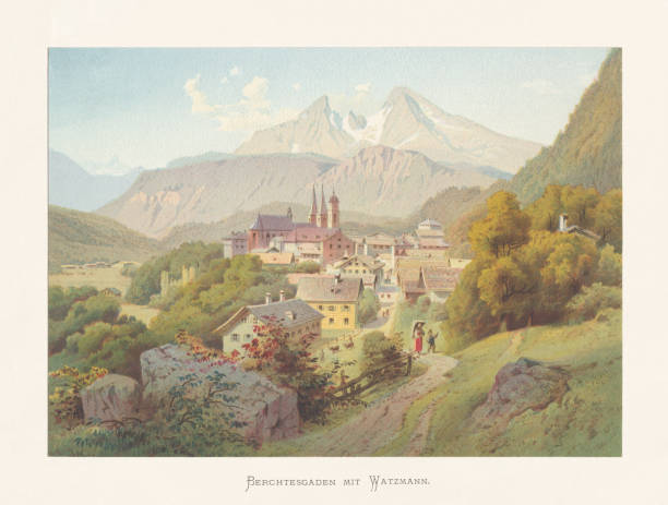 ilustraciones, imágenes clip art, dibujos animados e iconos de stock de vista histórica de berchtesgaden, alpes bávaros, alemania, chromolithograph, publicado ca. 1874 - mountain engraving drawing illustration and painting