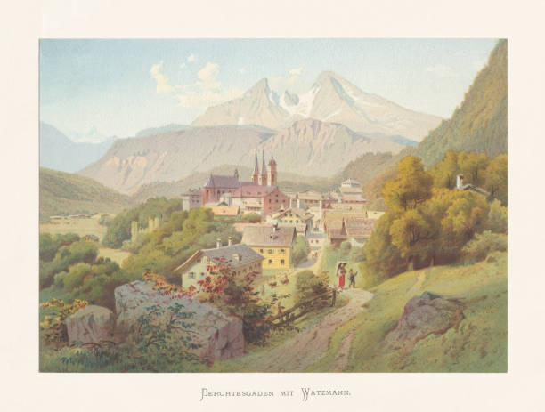 Historical view of Berchtesgaden, Bavarian Alps, Germany, chromolithograph, published ca.1874 Historical view of Berchtesgaden, Bavarian Alps, Germany. In the background the Mount Watzmann. Chromolithograph after a watercolor by Karl Christian Köhler (German painter, 1827 - 1890), published ca. 1874. german culture illustrations stock illustrations