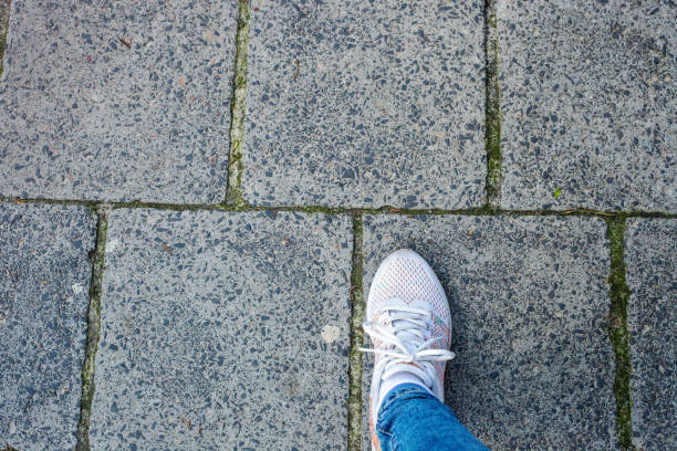 Womans leg in white sneakers steps on road, top view