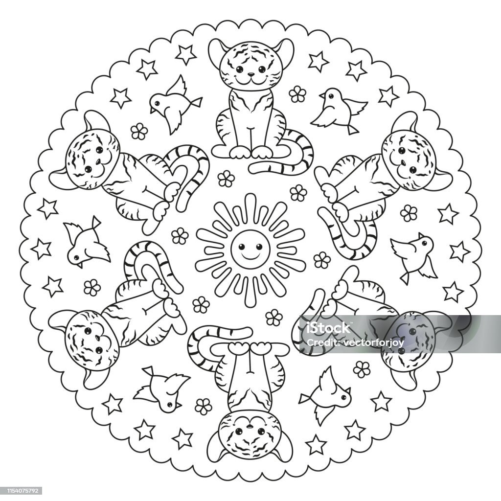 Coloring page mandala with sun, tiger and birds. Vector Illustration. Mandala stock vector
