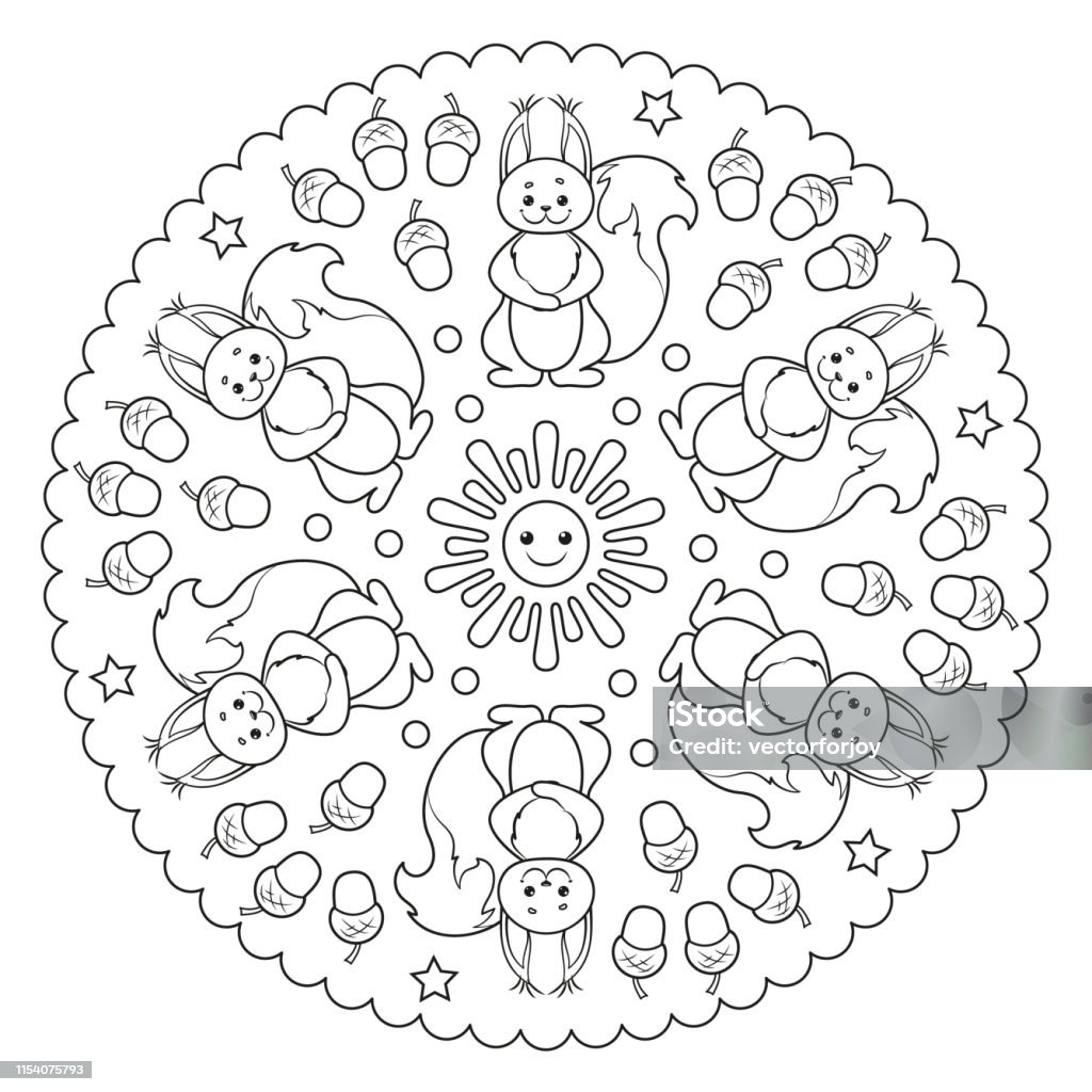 Coloring page mandala with sun, squirrel and acorns. Vector Illustration. Line Art stock vector