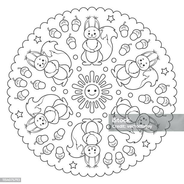 Coloring Page Mandala With Sun Squirrel And Acorns Vector Illustration Stock Illustration - Download Image Now