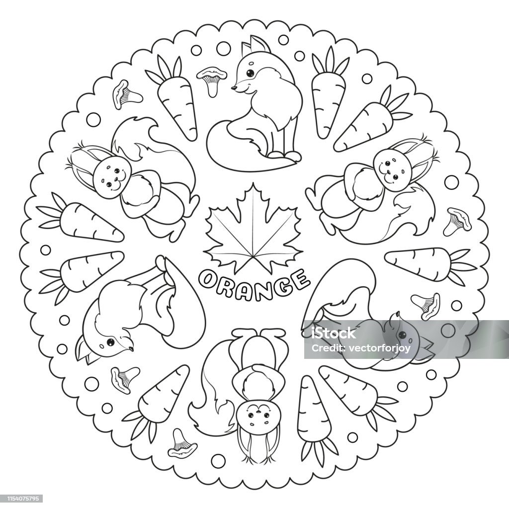 Coloring page mandala for kids with ORANGE maple leaf, fox, squirrel, carrots and chanterelle mushrooms. Vector Illustration. Mandala stock vector