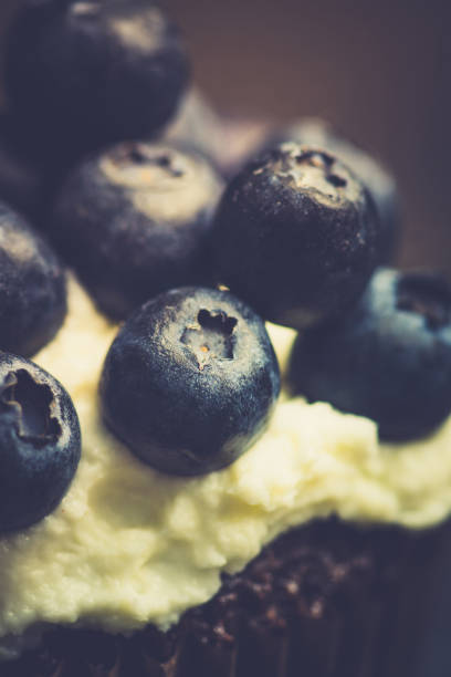 Homemade muffin with blueberry and cream cheese frosting on the rustic background