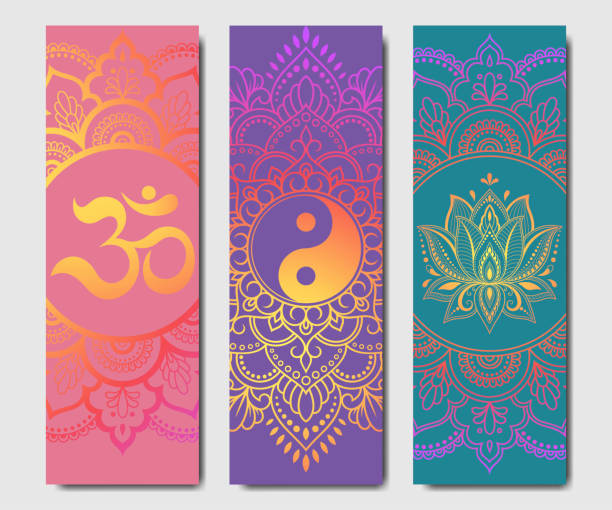 Set of design yoga mats. Floral pattern in oriental style for decoration sport equipment. Colorful ethnic Indian ornaments for spiritual serenity. Decor of business card, poster, print in henna tattoo Set of design yoga mats. Floral pattern in oriental style for decoration sport equipment. Colorful ethnic Indian ornaments for spiritual serenity. Decor of business card, poster, print in henna tattoo oriental culture stock illustrations