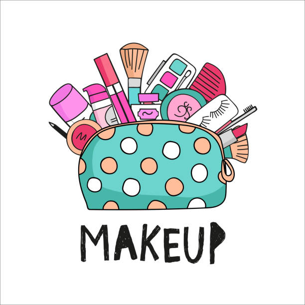 illustration cosmetic bag with cosmetics. Makeup. illustration cosmetic bag with cosmetics. on a white background. A set of cosmetics - lipstick, mascara, comb, shadows, a brush, a hairspray, a lip gloss make up bag stock illustrations