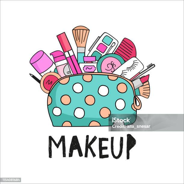Illustration Cosmetic Bag With Cosmetics Stock Illustration - Download  Image Now - Make-Up Bag, Cartoon, Illustration - iStock