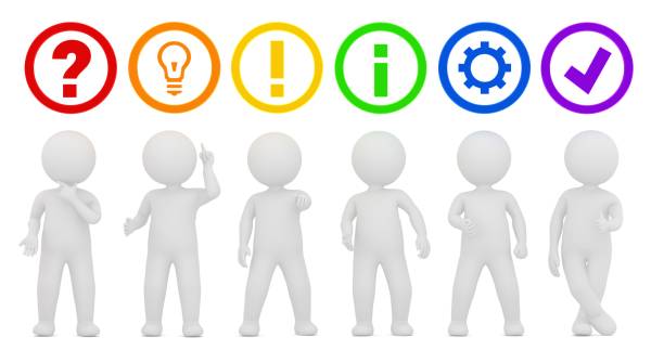teamwork people men red question mark orange ideas light bulb yellow gold exclamation point green instructions information blue gear purple check mark tick sign symbol icon 3d rendering graphics isolated on white background