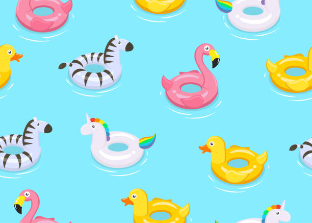 bezszwowy wzór kolorowych zwierząt unosi słodkie zabawki dla dzieci na niebieskim tle - ilustracja wektorowa. - inflatable ring stock illustrations