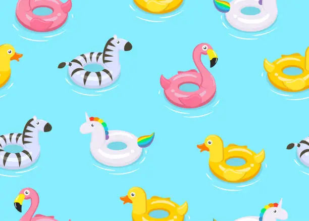 Vector illustration of Seamless pattern of colorful animals floats cute kids toys on blue background  - Vector illustration.