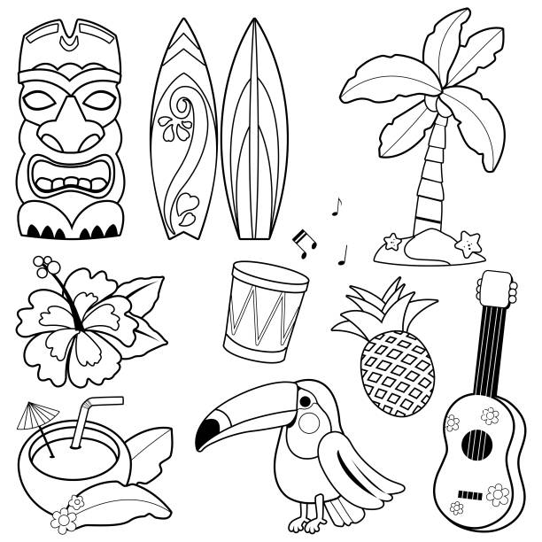 hawaiianische vektorsammlung. schwarz-weiß-färbung seite - hawaii islands luau hula dancing hawaiian culture stock-grafiken, -clipart, -cartoons und -symbole