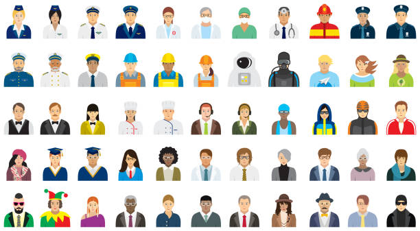 People icon set (option face) - different professions. Set of fifty-five people icons with different professions. engineering illustrations stock illustrations