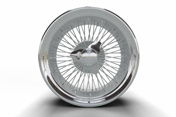 3d rendered car alloy rim with spokes - isolated on white background - hubcap wheel car chrome imagens e fotografias de stock
