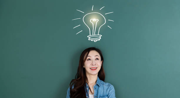 istock Woman in front of blackboard with light bulb 1154086991