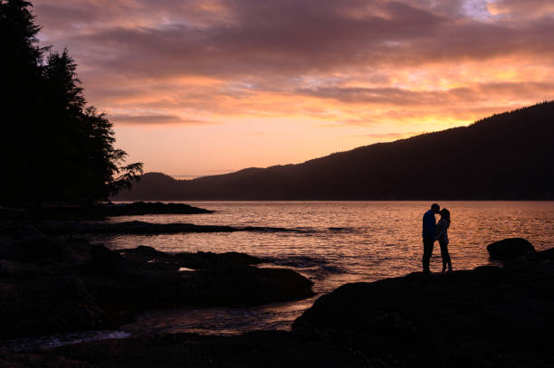istock Silhouette couple kissing at beach during sunset 1154088393