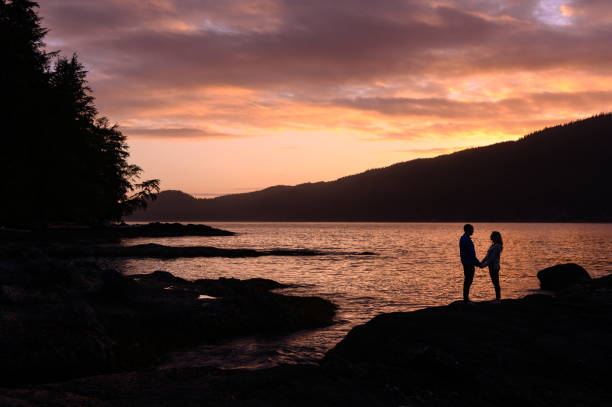 istock Silhouette romantic couple holding hands at beach 1154088414