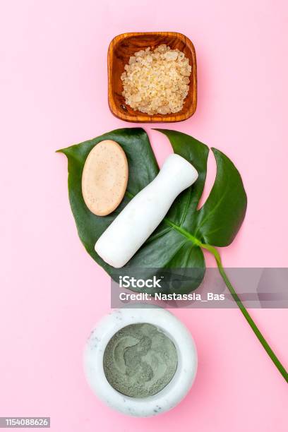 Natural Skin Care Mask Of Clay On Pink Background Stock Photo - Download Image Now - Beauty Product, Zero Waste, Aromatherapy