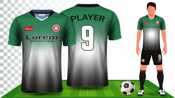 Vector illustration of Soccer Jersey and Football Kit Presentation Mockup Template, Front and Back View Including Sportswear Uniform, Shorts and Socks and it is Fully Customization Isolated on Transparent Background.