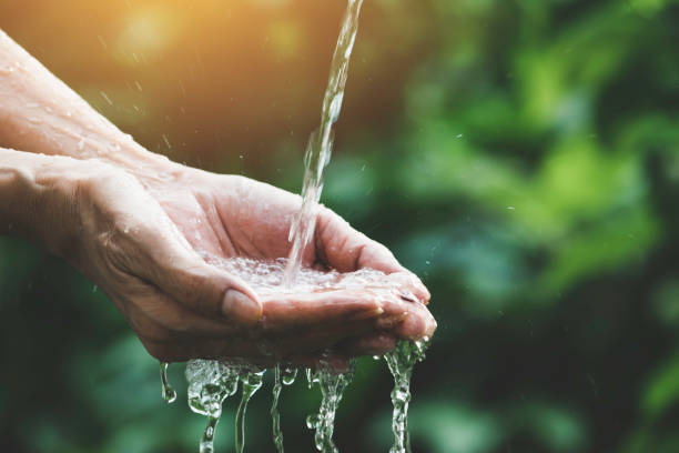 flujo de agua de cierre a mano de las mujeres para el concepto de la naturaleza en el fondo del jardín. - fountain fotografías e imágenes de stock