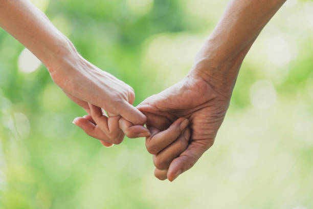 istock Closeup two person hook each other's little finger on nature background. 1154091208
