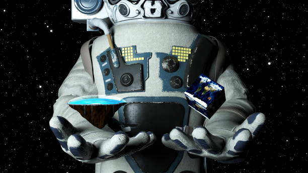 istock Astronaut in modern scaphandre holds flat Earth and cube Earth, 3d render backdrop, computer generated backdrop 1154093613