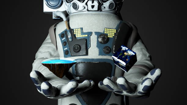 istock Astronaut in modern scaphandre holds flat Earth and cube Earth, 3d render backdrop, computer generated backdrop 1154093632