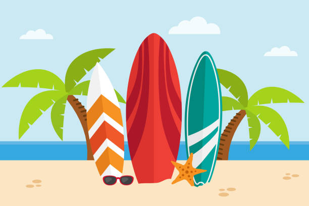 ilustraciones, imágenes clip art, dibujos animados e iconos de stock de tablas de surf en una playa - surfing surfboard summer heat