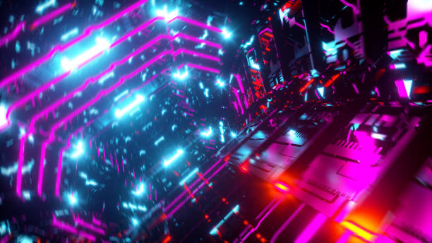 istock Digital metallic spaceship interior. Neon colored lights 1154096600