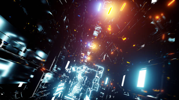 istock Digital metallic spaceship interior. Neon colored lights 1154096724