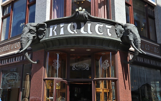Cafe Riquet in Leipzig, Germany. The Vienna-style cafe facade with elephant heads is one of most recognizable landmarks in Leipzig.